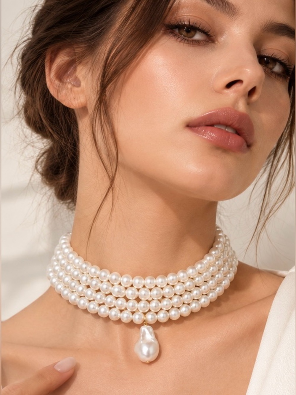 Multi-Strand Faux Pearl Choker Necklace with Baroque Pearl Drop
